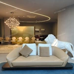 Modern Curved Luxury Sectional Sofa Collection with Integrated Display Side Table, Premium Leather & Fabric Upholstery